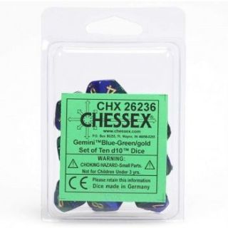 Chessex Gemini Polyhedral Ten d10 Sets - Blue-Green gold
