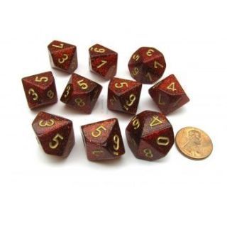 Chessex Ten D10 Sets - Glitter Polyhedral Ruby gold