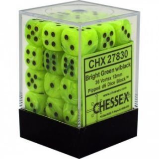 Chessex Signature 12mm d6 with pips Dice Blocks (36 Dice) - Vortex Bright Green w/black