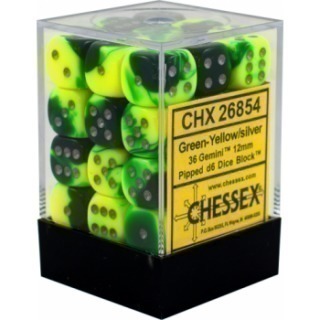 Gemini 12mm d6 Dice Blocks with pips Dice Blocks (36 Dice) Green Yellow with silver